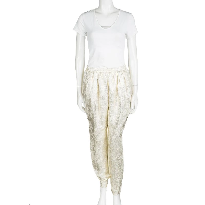 Stella McCartney Cream Silk Floral Lurex Jacquard Christine Pants M For Women 4 Stella McCartney Cream Silk Floral Lurex Jacquard Christine Pants M For Women - Image 2