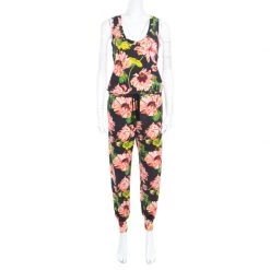 Stella McCartney Black Floral Intarsia Knit Waist Tie Detail Jumpsuit M For Women