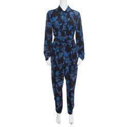 Stella McCartney Black And Blue Floral Printed Silk Belted Natalia Jumpsuit M For Women