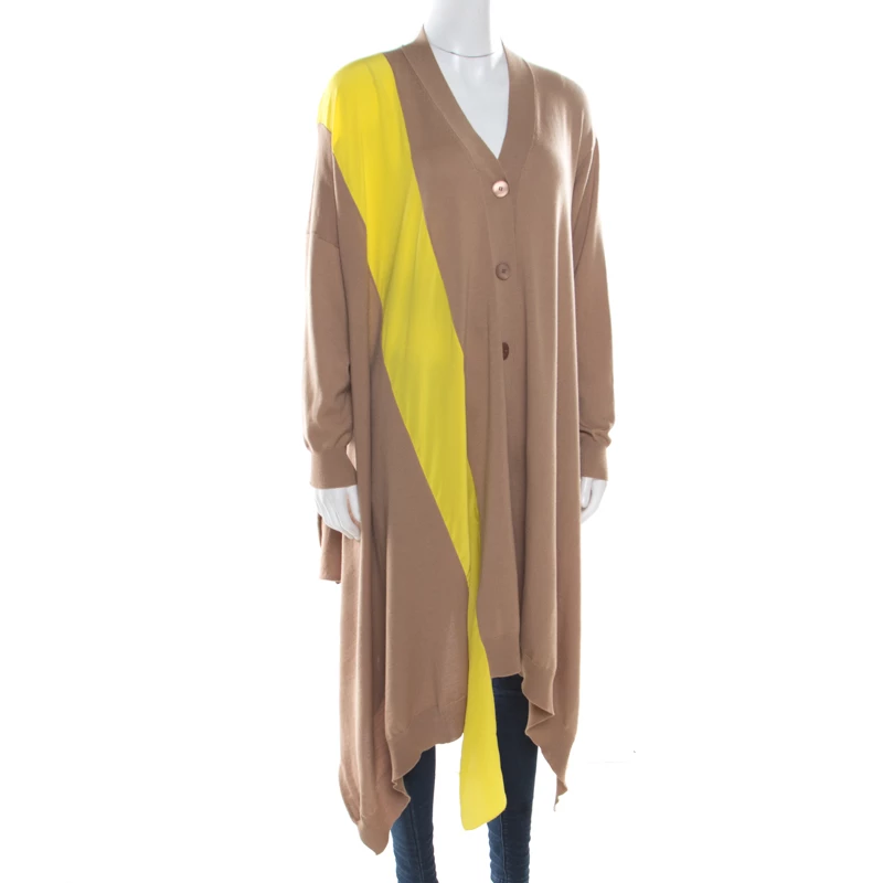 Stella McCartney Brown Wool Contrast Silk Panel Asymmetric Cardigan S For Women 4 Stella McCartney Brown Wool Contrast Silk Panel Asymmetric Cardigan S For Women - Image 2