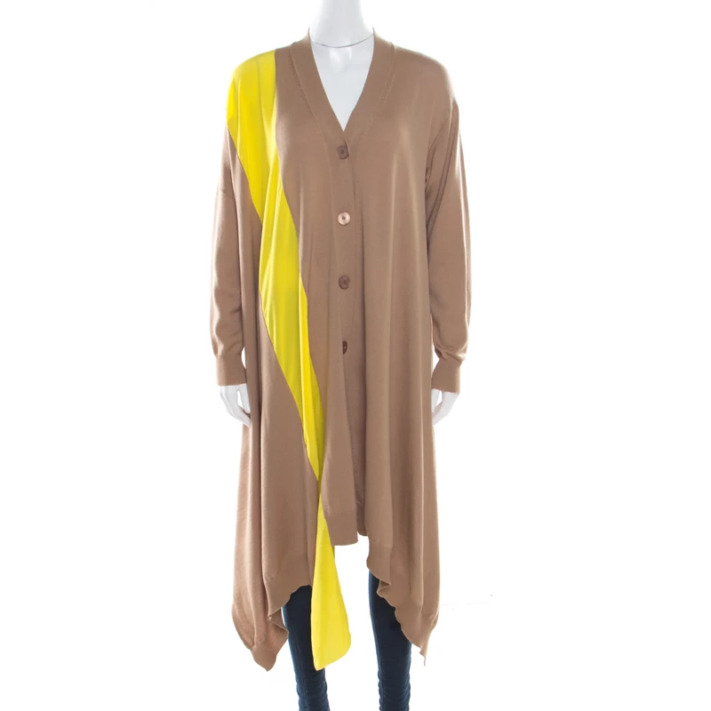Stella McCartney Brown Wool Contrast Silk Panel Asymmetric Cardigan S For Women 3 Stella McCartney Brown Wool Contrast Silk Panel Asymmetric Cardigan S For Women
