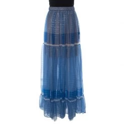 Stella McCartney Blue Printed Silk-Blend Chiffon Tiered Maxi Elsa Skirt XL For Women