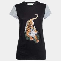Stella McCartney Black Cotton Tiger Embroidered Short Sleeve T-Shirt M For Women