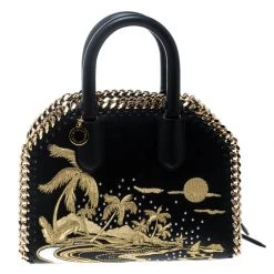 Stella McCartney Black Leather Tiny Hawallan Embroidered Top Handle Shoulder Bag For Women