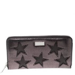 Stella McCartney Metallic Black Faux Leather Stars Zip Around Wallet For Women