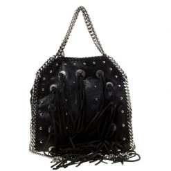 Stella McCartney Black Faux Leather Mini Falabella Conchos Fringe Tote For Women