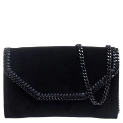 Stella McCartney Black Velvet Falabella Flap Shoulder Bag For Women
