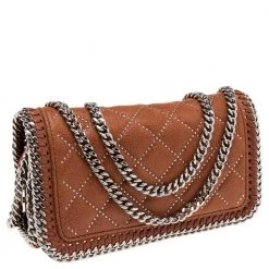Stella McCartney Brown Quilted Faux Suede Studded Falabella Flap Shoulder Bag For Women -Stella McCartney Sales luxury women stella mccartney new handbags p561684 011