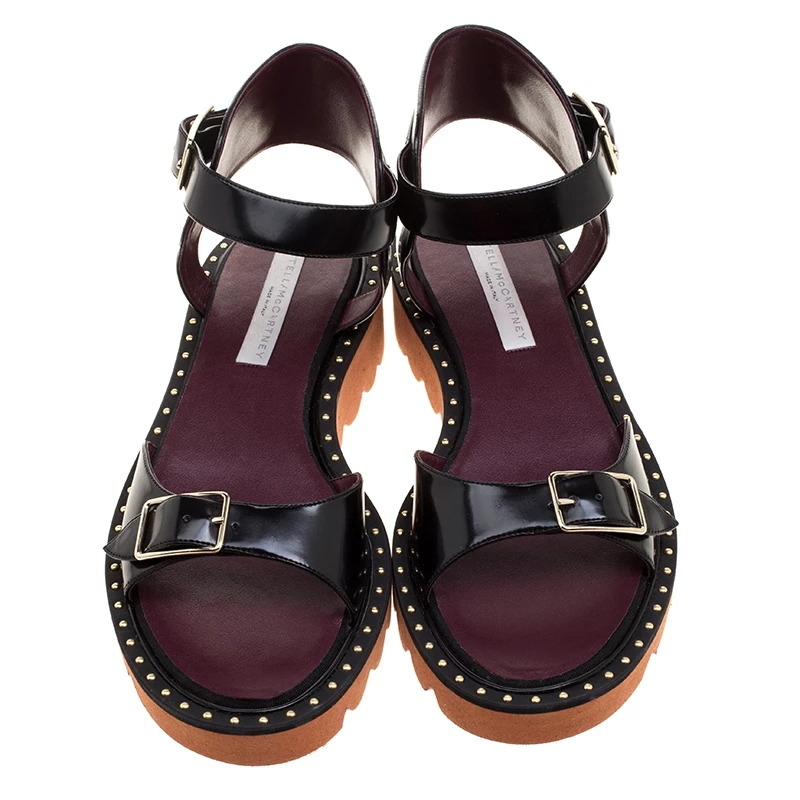 Stella McCartney Black Faux Leather Odette Studded Flat Sandals Size 41 For Women 4 Stella McCartney Black Faux Leather Odette Studded Flat Sandals Size 41 For Women - Image 2