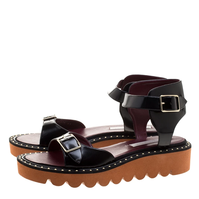 Stella McCartney Black Faux Leather Odette Studded Flat Sandals Size 41 For Women 5 Stella McCartney Black Faux Leather Odette Studded Flat Sandals Size 41 For Women - Image 3