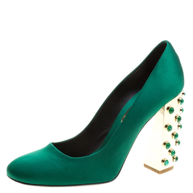 Stella McCartney Green Satin Cabochon Stone Embellished Pumps Size 40 For Women 3 Stella McCartney Green Satin Cabochon Stone Embellished Pumps Size 40 For Women