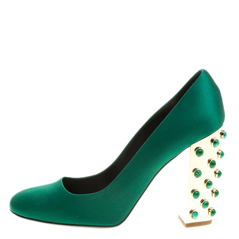 Stella McCartney Green Satin Cabochon Stone Embellished Pumps Size 40 For Women 4 Stella McCartney Green Satin Cabochon Stone Embellished Pumps Size 40 For Women - Image 2