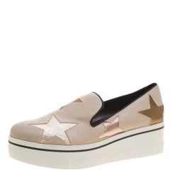 Stella McCartney Beige Faux Leather And Metallic Fabric Binx Star Platform Slip On Sneakers Size 41 For Women