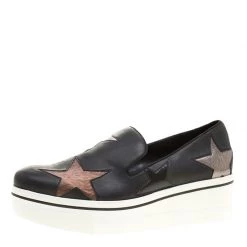 Stella McCartney Black Faux Leather And Metallic Textured Fabric Binx Star Platform Slip On Sneakers Size 40 For Women
