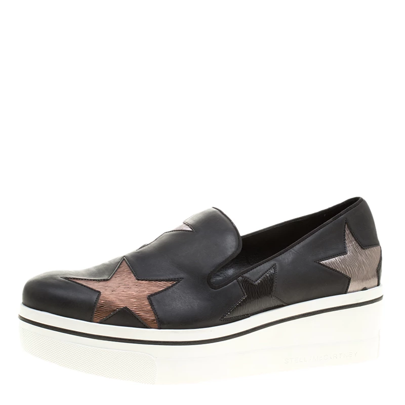 Stella McCartney Black Faux Leather And Metallic Textured Fabric Binx Star Platform Slip On Sneakers Size 40 For Women 3 Stella McCartney Black Faux Leather And Metallic Textured Fabric Binx Star Platform Slip On Sneakers Size 40 For Women