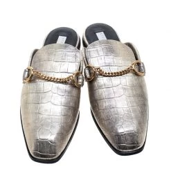 Stella McCartney Metallic Gold Faux Croc Embossed Leather Chain Trim Flat Slides Size 37 For Women -Stella McCartney Sales luxury women stella mccartney new shoes p144114 0003