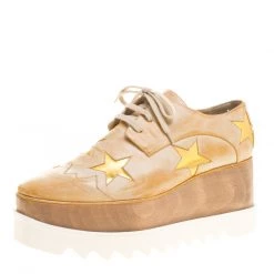 Stella McCartney Sales 40 Stella McCartney Beige Brushed Faux Leather Elyse Star Platform Lace Up Derby Size 39.5 For Women