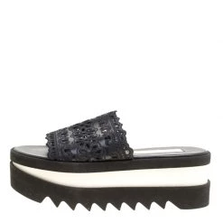 Stella McCartney Black Faux Leather Floral Eyelet Embroidered Platform Slides Size 38 For Women -Stella McCartney Sales luxury women stella mccartney new shoes p154587 0002