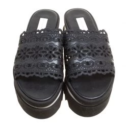 Stella McCartney Black Faux Leather Floral Eyelet Embroidered Platform Slides Size 38 For Women -Stella McCartney Sales luxury women stella mccartney new shoes p154587 0003