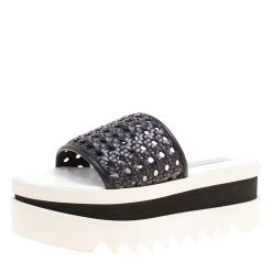 Stella McCartney Black Woven Faux Leather Wicker Platform Slides Size 38 For Women