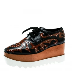 Stella McCartney Black/Brown Studded Appliquéd Faux Leather Platform Lace Up Derby Size 39.5 For Women