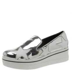 Stella McCartney Metallic Silver Faux Leather Binx Star Platform Slip On Sneakers Size 40 For Women