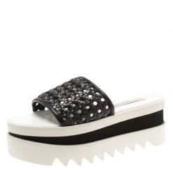 Stella McCartney Black Faux Woven Leather Wicker Platform Slides Size 36 For Women