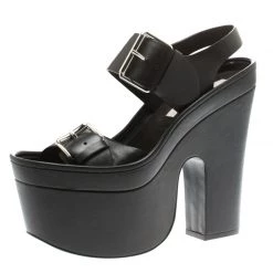 Stella McCartney Black Faux Leather Buckle Block Heel Platform Sandals Size 37.5 For Women