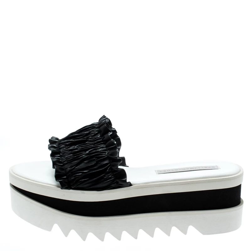 Stella McCartney Black Ruffle Faux Leather Platform Slide Sandals Size 40.5 For Women 4 Stella McCartney Black Ruffle Faux Leather Platform Slide Sandals Size 40.5 For Women - Image 2