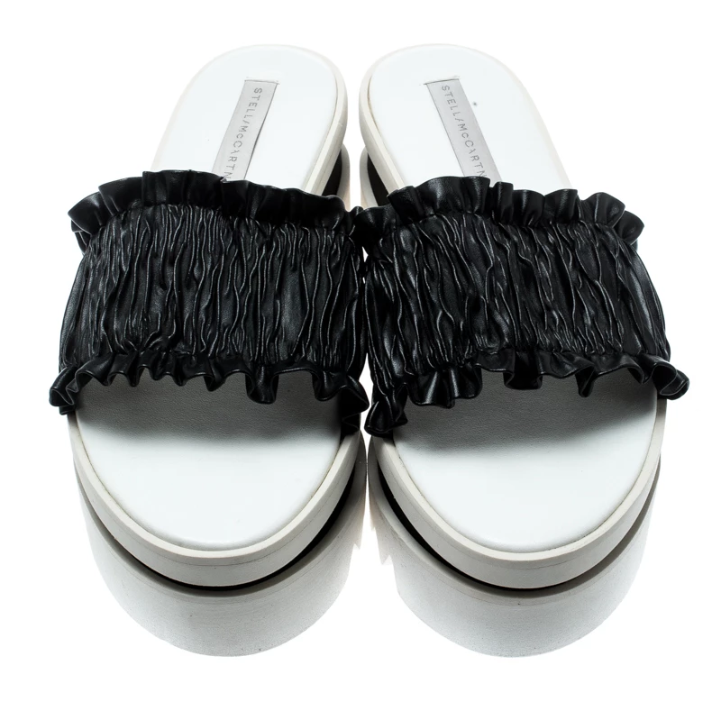 Stella McCartney Black Ruffle Faux Leather Platform Slide Sandals Size 40.5 For Women 5 Stella McCartney Black Ruffle Faux Leather Platform Slide Sandals Size 40.5 For Women - Image 3