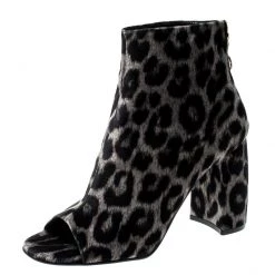 Stella McCartney Beige Leopard Printed Velvet Peep Toe Block Heel Ankle Boots Size 39 For Women