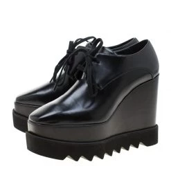 Stella McCartney Black Faux Leather Leana Wooden Wedge Lace-Up Oxfords Size 35 For Women -Stella McCartney Sales luxury women stella mccartney new shoes p209350 008