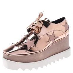 Stella McCartney Metallic Rose Gold Faux Leather Elyse Star Platform Lace Up Derby Size 38 For Women