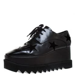 Stella McCartney Black Faux Leather And Velvet Elyse Star Platform Lace Up Booties Size 40 For Women