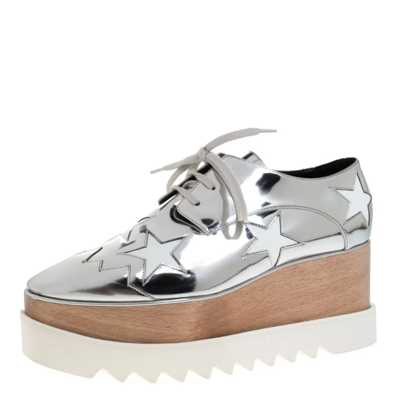 Stella McCartney Metallic Silver Faux Leather Elyse Star Platform Derby Size 41 For Women 3 Stella McCartney Metallic Silver Faux Leather Elyse Star Platform Derby Size 41 For Women
