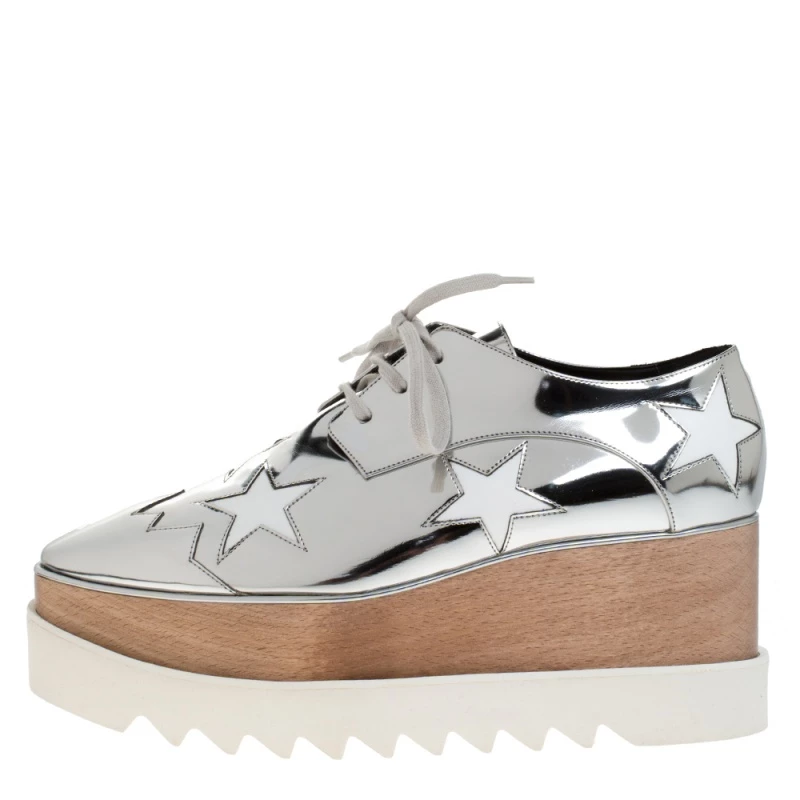 Stella McCartney Metallic Silver Faux Leather Elyse Star Platform Derby Size 41 For Women 4 Stella McCartney Metallic Silver Faux Leather Elyse Star Platform Derby Size 41 For Women - Image 2