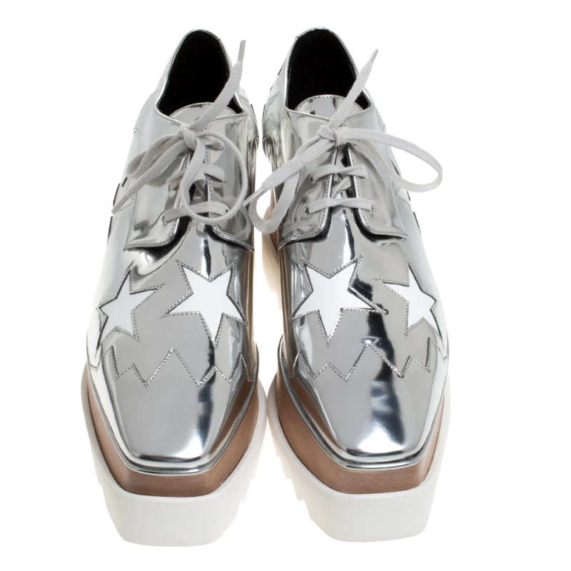 Stella McCartney Metallic Silver Faux Leather Elyse Star Platform Derby Size 41 For Women 5 Stella McCartney Metallic Silver Faux Leather Elyse Star Platform Derby Size 41 For Women - Image 3