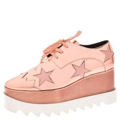 Stella McCartney Metallic Bronze Faux Leather Elyse Platform Lace Up Sneakers Size 37 For Women