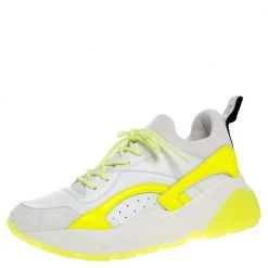 Stella McCartney White/Neon Green Faux Leather/Fabric Eclypse Lace Sneakers Size 41 For Women