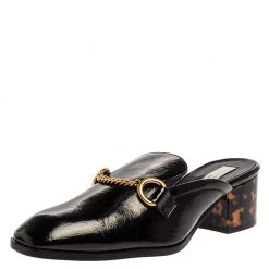 Stella McCartney Black Faux Patent Leather Chain Detail Block Heel Mules Size 36.5 For Women