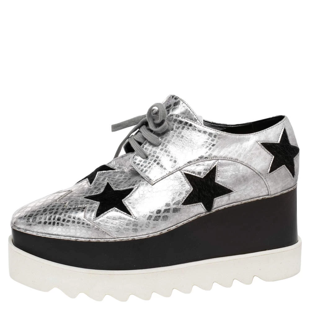 Stella McCartney Metallic Silver Python Effect Faux Leather And Faux Fur Elyse Star Platform Derby Size 37 For Women 4 Stella McCartney Metallic Silver Python Effect Faux Leather And Faux Fur Elyse Star Platform Derby Size 37 For Women - Image 2