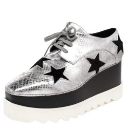 Stella McCartney Metallic Silver Python Effect Faux Leather And Faux Fur Elyse Star Platform Derby Size 37 For Women