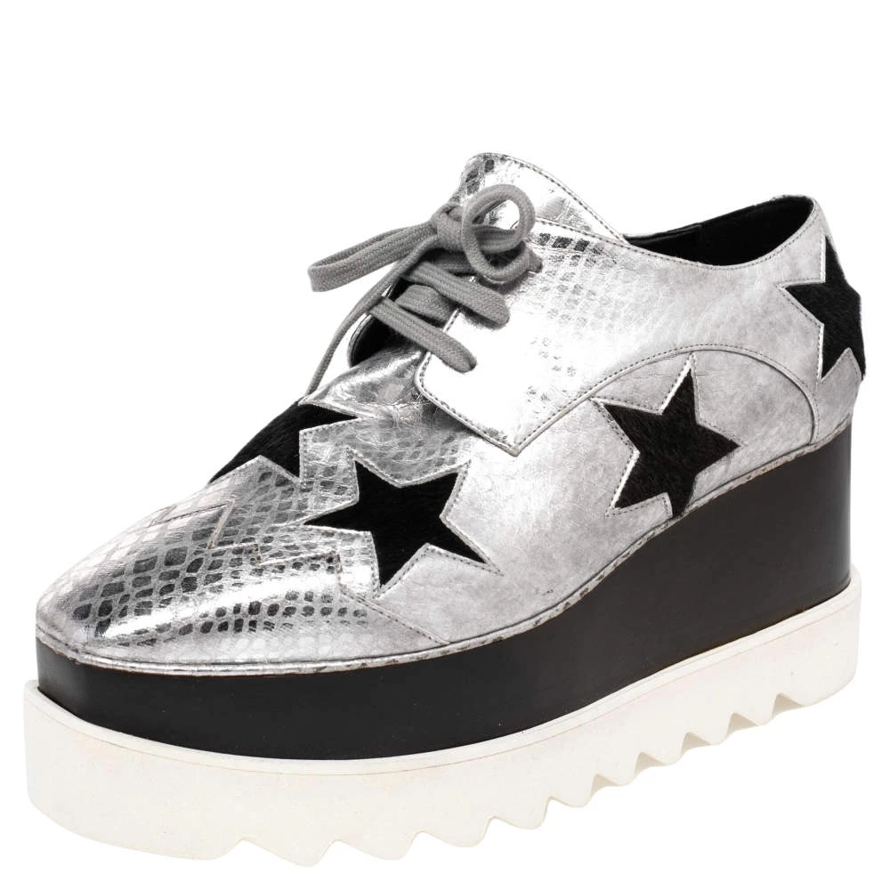 Stella McCartney Metallic Silver Python Effect Faux Leather And Faux Fur Elyse Star Platform Derby Size 37 For Women 3 Stella McCartney Metallic Silver Python Effect Faux Leather And Faux Fur Elyse Star Platform Derby Size 37 For Women