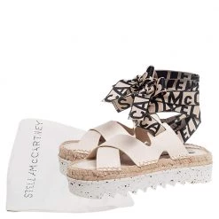 Stella McCartney Cream Faux Leather Gaia Ankle Wrap Espadrille Sandals Size 36 For Women -Stella McCartney Sales luxury women stella mccartney new shoes p504856 002
