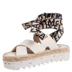 Stella McCartney Cream Faux Leather Gaia Ankle Wrap Espadrille Sandals Size 36 For Women