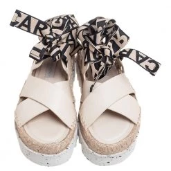 Stella McCartney Cream Faux Leather Gaia Ankle Wrap Espadrille Sandals Size 36 For Women -Stella McCartney Sales luxury women stella mccartney new shoes p504856 008