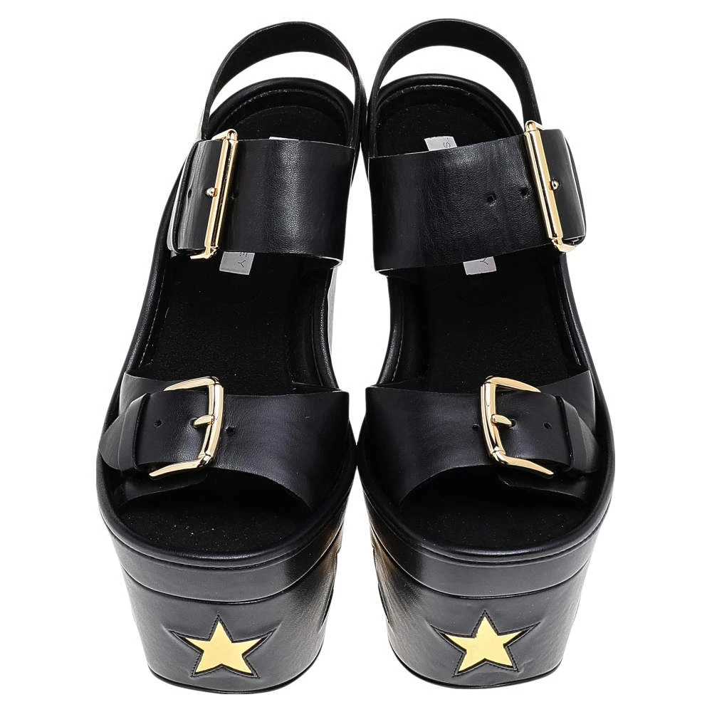 Stella McCartney Black/Gold Faux Leather Star Platform Sandals Size 37.5 For Women 5 Stella McCartney Black/Gold Faux Leather Star Platform Sandals Size 37.5 For Women - Image 3