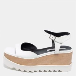 Stella McCartney White Faux Leather Ankle Strap Wedge Sandals Size 39.5 For Women
