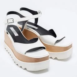 Stella McCartney White Faux Leather Ankle Strap Wedge Sandals Size 39.5 For Women -Stella McCartney Sales luxury women stella mccartney new shoes p630089 007