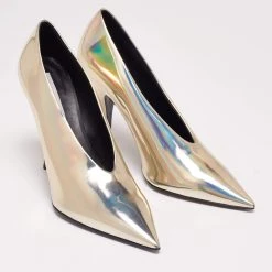 Stella McCartney Metallic Gold Foil Faux Leather V-Neck Pointed Toe Pumps Size 40.5 For Women -Stella McCartney Sales luxury women stella mccartney new shoes p635555 007